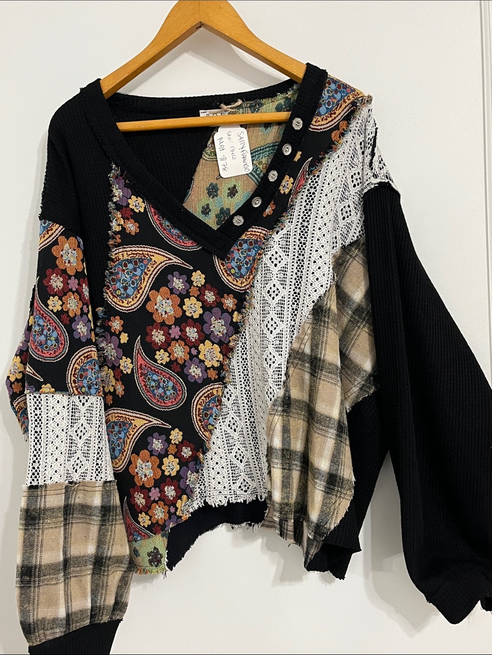 POL Unique artist made Black Patchwork  cardigan Multicolor Paisley Panels